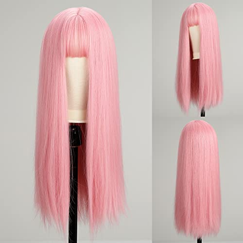 Розова перука EMMOR с бретон за жени, на дълги прави с перуки, изкуствени за момичета, вечерни, за cosplay и ежедневна употреба