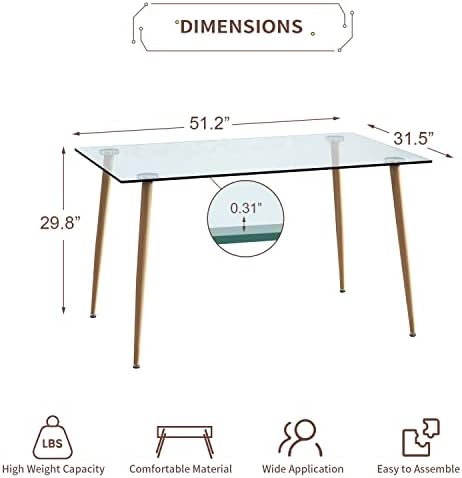 Стъклена маса за Хранене за 4 човека с Прозрачна правоъгълен стъклен плот с диаметър 51 инча, 0,31 Модерни Мебели за Кухненски
