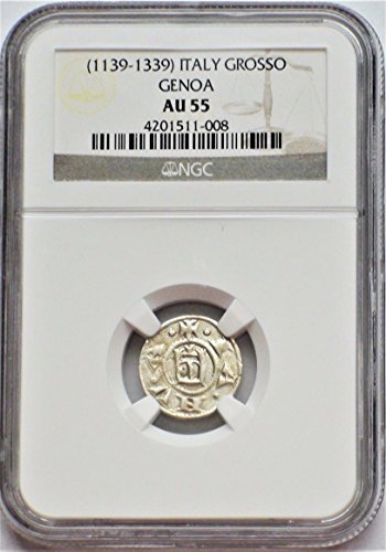 ТОВА 1139-1339 години, крумовград, Италия Генуа Италианска Сребърна монета Grosso AU55 NGC