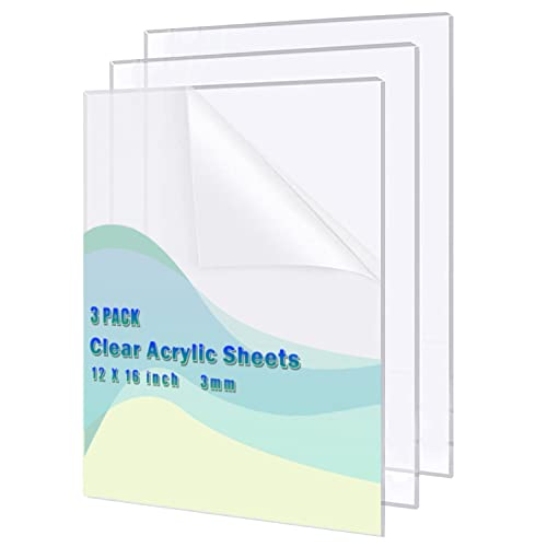 3шт Прозрачен лист от плексиглас с дебелина 12 x 16 x 1/8 (около 3 мм) Прозрачни Акрилни Листове, Прозрачна Акрилна лента с Защитно Фолио