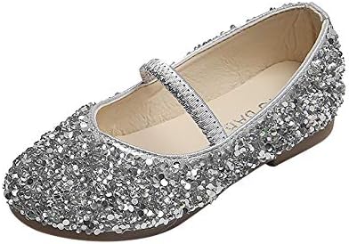 Долната Кожени обувки За момичета, Расшитая пайети Мека Танцови обувки за малките Принцеси, Детски обувки с подсветка (Сребро, 18-24 месеца)