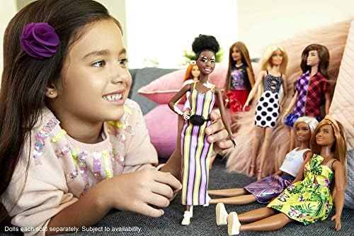 Кукла Барби Fashionistas №135 с Витилиго и Къдрава тъмна коса, в ивичест рокля и аксесоари, за деца от 3-8 години [Изключително на ]