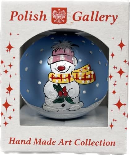 Полска галерия Коледна украса, Снежен човек, Топка от Бластване стъкло 3 инча (80 mm) (Син)