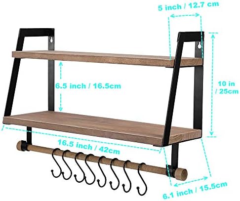 Kakivan 2-Уровневые плаващи рафтове за Монтиране на стена за кухненски рафтове за подправки с 8 куки за съхранение, дървени стенни