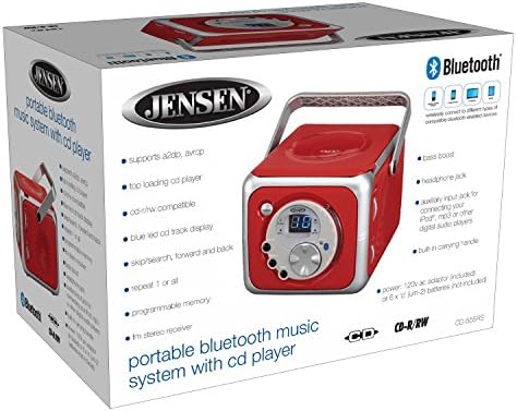 Jensen CD-555RS Червен cd Bluetooth Boombox Преносима Музикална система с Bluetooth, CD плеър + CD-R/RW и FM-радио с Aux-вход и водачи жак за слушалки Лимитированная серия - (Червен)
