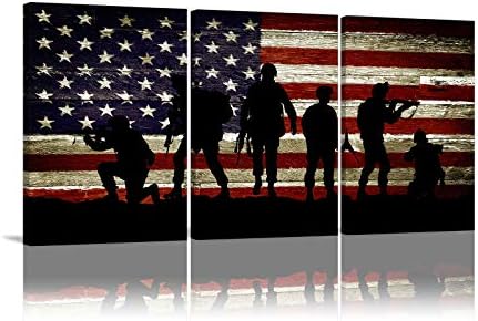 Американски Флаг Стенно Изкуство Американски войници Военен Стенен Декор 3 Панел Картина На Тема Деня на Независимостта на Произведения