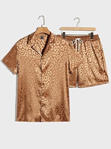 Мъжки дрехи OSHHO от две части, Мъжки леопардовая жаккардовая риза и къси Панталони с завязками на талията (Цвят: кафяв Размер: X-Large)