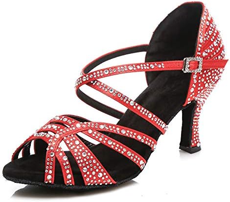 HIPPOSEUS/Дамски Обувки за латино Танци балната зала с кристали, Модерни Вечерни обувки за Танго и Салса, Ток 8,5 см, Модел CY356, Червен, 5 B (M) САЩ
