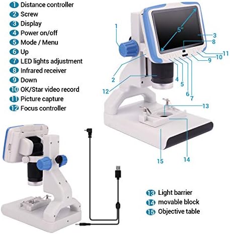 LCD Дигитален Микроскоп, с 5-Инчов екран с 200-Кратно увеличение 1080P Видеомикроскоп с Подготвените Предметными стъкла за