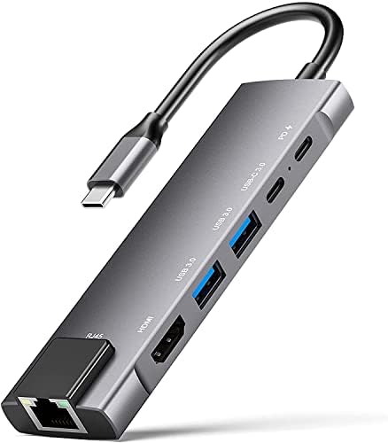Мрежов USB адаптер C Hub, 6в1 от USB C до 4K, HDMI с 1000 Ethernet, 2 USB 3.0, зареждане чрез USB-C с мощност 100 Вата,