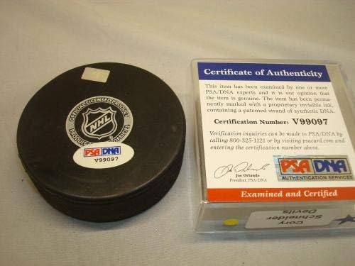 Кори Шнайдер подписа Хокей шайба в Ню Джърси Дэвилз с Автограф на PSA / DNA COA 1A - за Миене на НХЛ с автограф