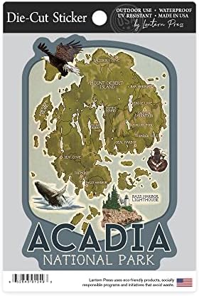 Стикер за щанцоване на Националния парк Acadia, щата Мейн, Карта с Пиктограми, Contour Vinyl стикер 3-6 см, (Водоустойчива стикер за коли,