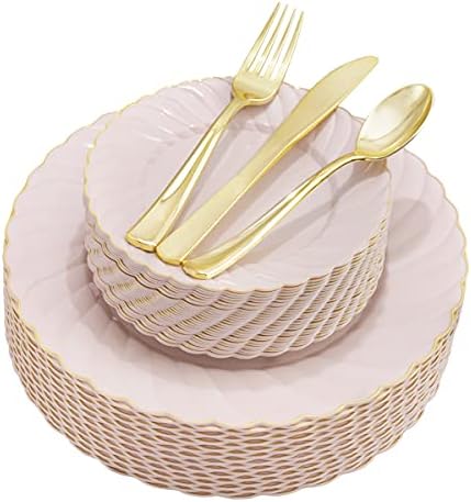 YOUBET 125 броя Розови пластмасови чинии със златен ръб-сребърни от златния пластмаса -Включва 25 места за хранене чинии, 25 Десертни