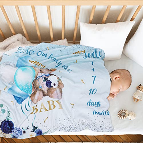 Одеало Xaatren Baby Monthly Milestone Мече с рамка от 2 основни Етапи Мек График Месечен растеж на Детето Одеало за Новородено Момче на свързани с възрастта Одеяло 1-12 дни, Седмици