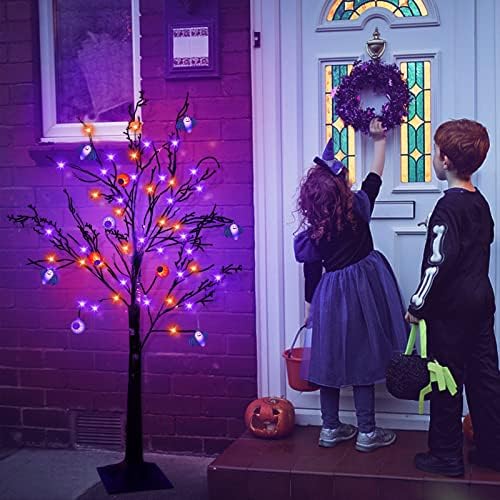 4 Фута Оранжево и Лилаво Дърво с подсветка на Хелоуин, украса с Таймер, 48 led и 3D, 5 Очните Ябълки и 5 светлини прилеп, бижута Направи