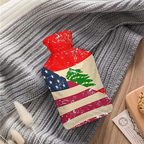 Бутилка за Гореща Вода с Флага на САЩ и Ливан в Ретро стил 1000 ml с Мек Капак, Сменяем Пакет за Топла и Студена Вода, Чанта за Инжектиране