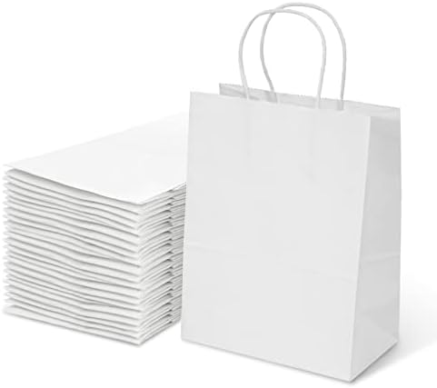 TOWRAP Бели Подарък пакети 100шт 8x4.25x10.5 Инчови Хартиени торби с Дръжки на Едро, Чанти за партита, Чанти за пазаруване, Търговци