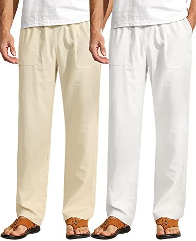 Ficerd, 2 броя, мъжки ленени панталони с завязками, мъжки ежедневни плажни панталони с джоб, леки еластични панталони за йога