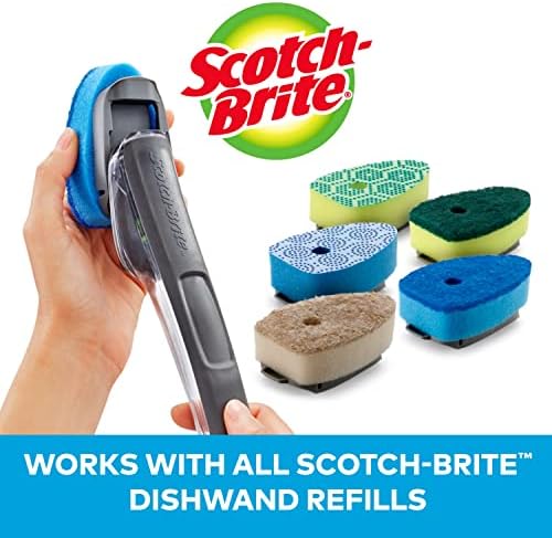 Комплект за миене на съдове Scotch-Brite без драскотини Advanced Soap Control, включва 1 пръчка и 6 подложки за попълване, Управление на сапун, с помощта на бутоните, дръжте ръцете с?