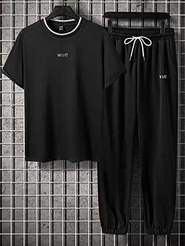 OSHHO / Мъжки облекла от две части с тапицерия, контрастиращи под формата на букви и спортни панталони с завязками на талията (Цвят: черен, Размер: Средно)