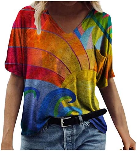 Блузи за Жени, Летни Ежедневни Ризи с Къс Ръкав и V-образно деколте, Реколта Тениски с Принтом Тай-Боя, Блуза Свободно Намаляване