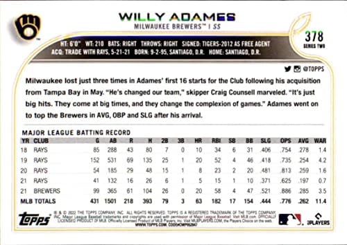 2022 Topps #378 Вили Адамс, Ню Йорк-MT Brewers