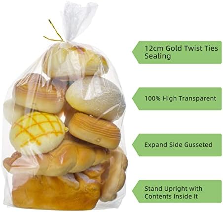 LESIBAG 50 БР. Хляб пакети с завязками - 8 x 18 Прозрачни Хляб на пакети с Дъно за домашен хляб и пекарни Батонов