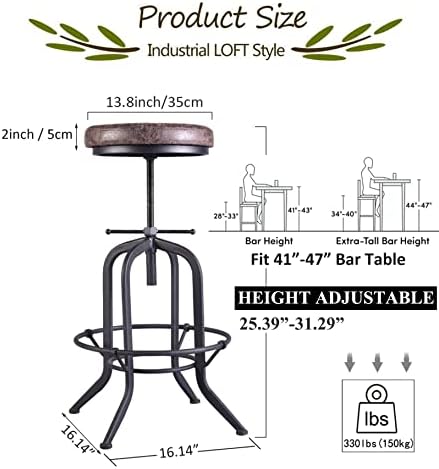Комплект от 2 Промишлени продуктова столове, Кухненски стол-Регулируема Въртяща Ретро бар стол от изкуствена кожа, Бар стол в селски