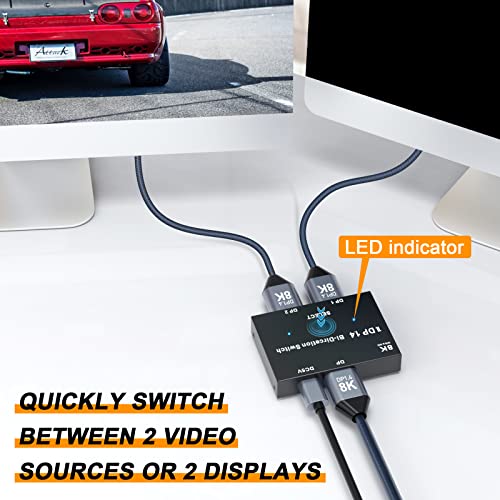 8K DisplayPort Switch Сплитер, двупосочен превключвател MLEEDA DP 1.4 2 в 1 изход / 1 2 изход, поддържа 8K при 30 Hz 4K при 120 Hz, съвместим с различни интерфейси видеоисточников и дисплеи