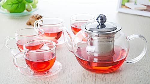 Хубава Кръгла Стъклена кана за приготвяне на чай от неръждаема стомана + 4 чаши + 4 Прозрачни чинии
