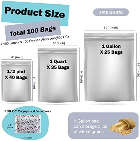 100 от Плътен и здрав пакети от mylar за съхранение на хранителни продукти с мивки кислород - 25 парчета по 1 галлону, 35 парчета по 1 кварте, 40 броя малки размери - Включват 2