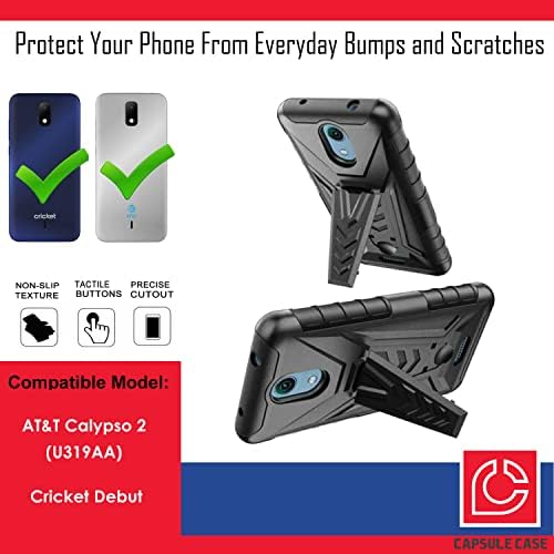 Калъф-капсула, която е съвместима за AT & T Calypso 2 (U319AA) Cricket Debut [Военен устойчив на удари калъф-поставка с клип за колан, черен]