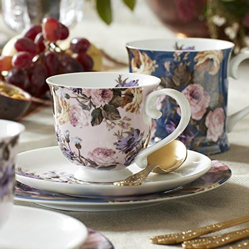 Комплект чаени чаши и блюдец от порцелан Katie Alice Wild Apricity в ретро стил - Розово-лилаво (2 броя)