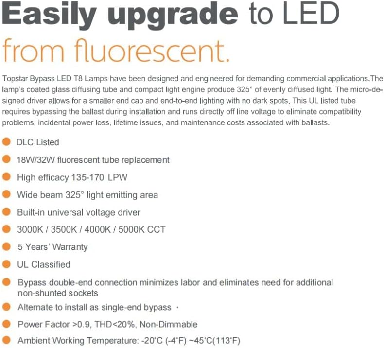 Линеен led клиенти лампа Topstar Т8, Съвместим с поддръжка байпас баласт, 15 W, 5000 К, Естествен Бял, Подмяна на флуоресцентна