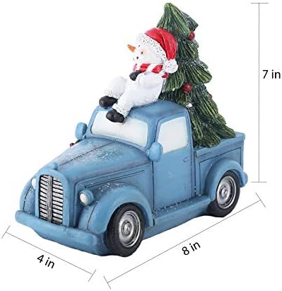 Украса под формата на Коледа Снежен човек и Фигурки Камион Topadorn, Настолна Статуя с led подсветка, Подарък за деца и възрастни, Празничен Синя Кола, Коледна Елха и Скул