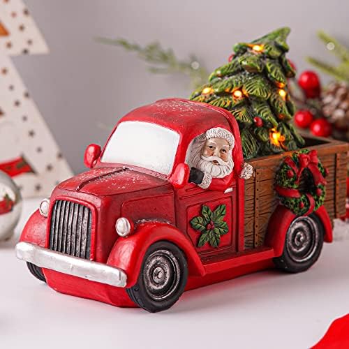 Плот за украса на Коледните камион Voltogar и Статуи на Дядо Коледа с led подсветка, Реколта Червена Автомобили Фигурка Подарък с Дядо Коледа и led елха, Коледни украси за ?