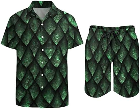 Мъжки плажни дрехи WEEDKEYCAT Green Dragon Scale, Хавайска Риза с копчета с Къс ръкав и къси Панталони, Комплекти от 2 теми