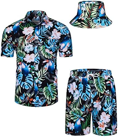 TUNEVUSE /Мъжки Хавайски Ризи и къси Панталони, Комплект от 2 теми, Тропически Костюм С Флорални Принтом, Плажен Костюм на