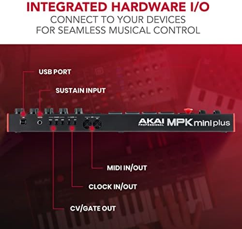 Akai Professional MPK Mini Plus - USB MIDI клавиатурата контролер с 37 мини-бутони, 8 MPC-пэдами, Секвенсер, MIDI/CV/Gate I / O, софтуер