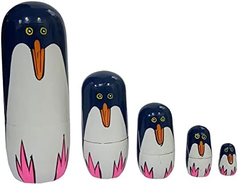 Дървени гнездене кукли Purpledip Пингвин: Комплект от 5 Расписанных ръчно Кутии с руски Матрешкой (11702B)
