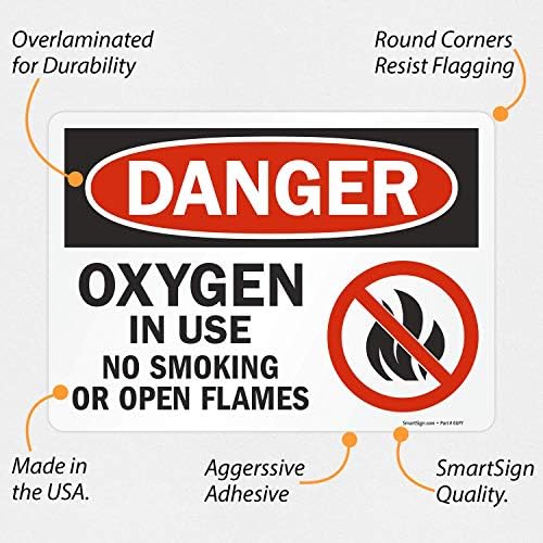 SmartSign - U9-1266-NP Знак Опасно се използва кислород, да не се пуши и няма да запаля открит огън | Пластмаса 10 x 14 инча, черен, Червен,
