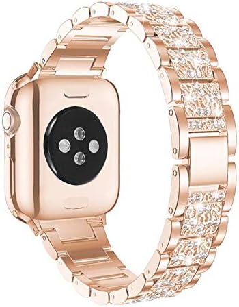 Каишка Mosonio за Apple Watch, съвместим с iWatch серия 6/5/4, каишка iwatch с 2 пакети 44-мм бижута за жени - Метална верига от розово злато с черна кожена каишка и метална гривна от роз