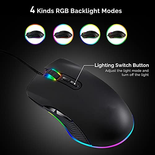 Yoidesu Жичен RGB Мишката, Компютърни Игри на Мишката, 4 RGB подсветка, до 3200 dpi, Регулируемо осветление, Ергономична Компютърна