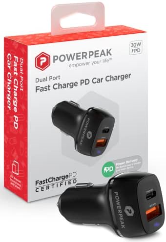 Зарядно за кола POWERPEAK, Двоен адаптер бързо зареждане PD - за зарядно за кола iPhone Съвместим с 14 Pro Max/13/12/11/ x/6s, iPad Air 2/Mini 3,-Черен [30 W]- Черен