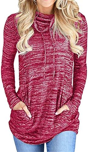 Дамски hoody Andongnywell, Пуловер с дълъг ръкав и завязками, Ежедневни блузи, Блузи-пуловери с джобове (Тъмно-червен, 3 размера)