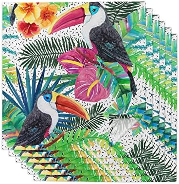 Кухненски Тъканни Кърпички с Тропически Дизайн, Цветове от Тукана и Палмови листа, Изобразявайки на Джунглата, Комплект от 6 Кърпички за Семейни