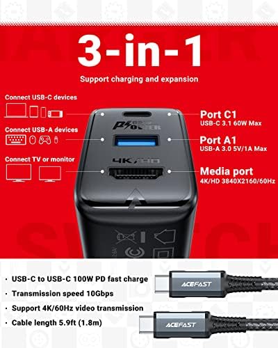 ACEFAST GaN PD65W 3 порта (USB C + USB A + 4K / HD) Бързо зарядно устройство-hub за Nintendo Switch, лаптоп USB C 3.1, таблети, сгъваема захранващ адаптер с конектор ac адаптер, съвместим е с MacBook, Switch