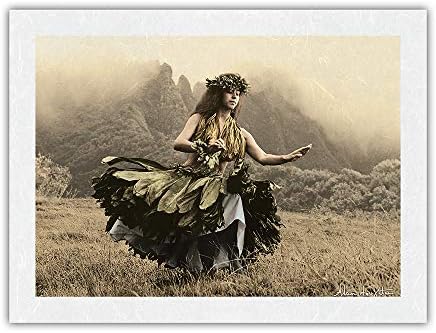 Колышущаяся пола - Хавайски Хавайският танцьорка в поли от листа на Чай - Реколта снимка на Алън Хоутона, Изпълнена в цветове