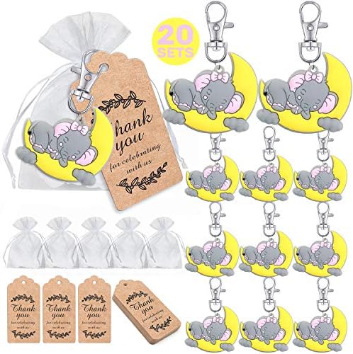 MOVINPE 20 Комплекти Сувенири за връщане в Детски душ за гости, Розови Ключодържатели със Заспал Слоненком + Торбички от органза + Крафт-етикетите