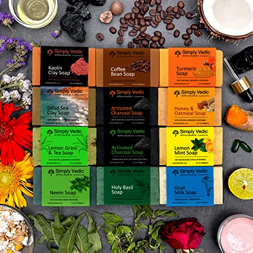 Набор от билкови сапуни Simply Vedic от 6 опаковки за тялото, ръцете, лицето си; Лимон + Мента, Кафе с подправки, Куркумата,
